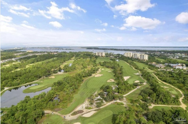 bird's eye view with view of golf course and a water view