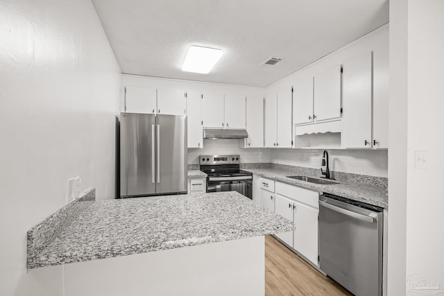 kitchen with sink, white cabinets, stainless steel appliances, and light hardwood / wood-style floors