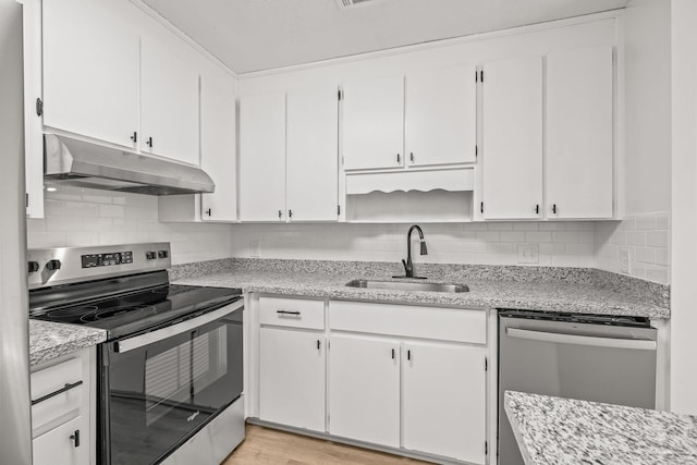 kitchen with decorative backsplash, stainless steel appliances, white cabinetry, and sink