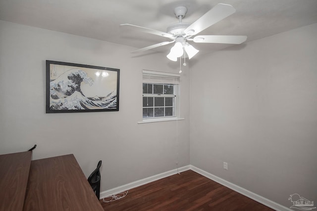 unfurnished office featuring ceiling fan and dark wood-type flooring