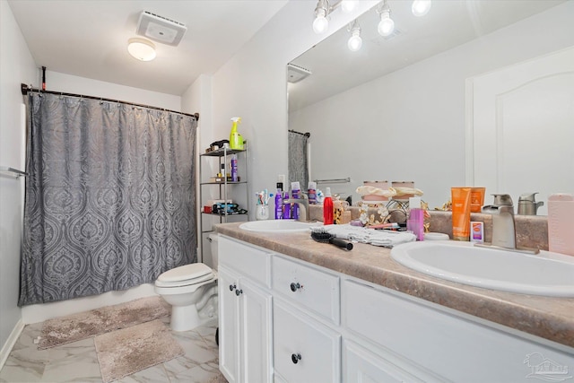 6819 Old W Ln, Milton, FL 32570 - full bath featuring marble look tile flooring, double vanity, toilet, and shower / bath combo with shower curtain