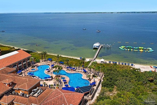 aerial view featuring a water view