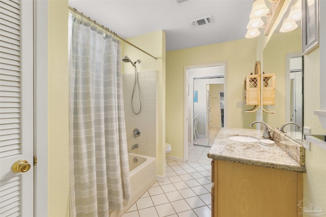 bathroom with vanity, tile patterned floors, and shower / bath combination with curtain