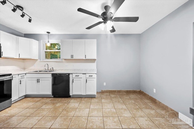 kitchen featuring white cabinets, dishwasher, pendant lighting, and stainless steel range with electric cooktop