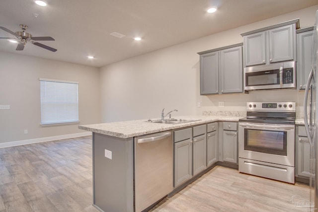 kitchen with sink, gray cabinetry, light wood-type flooring, appliances with stainless steel finishes, and kitchen peninsula