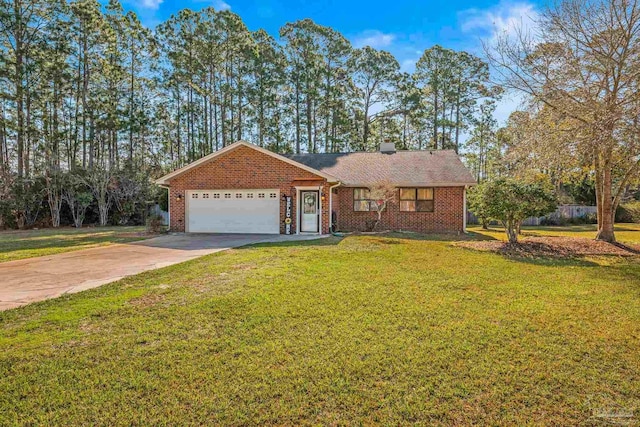 ranch-style house featuring a garage, a front yard, brick siding, and driveway