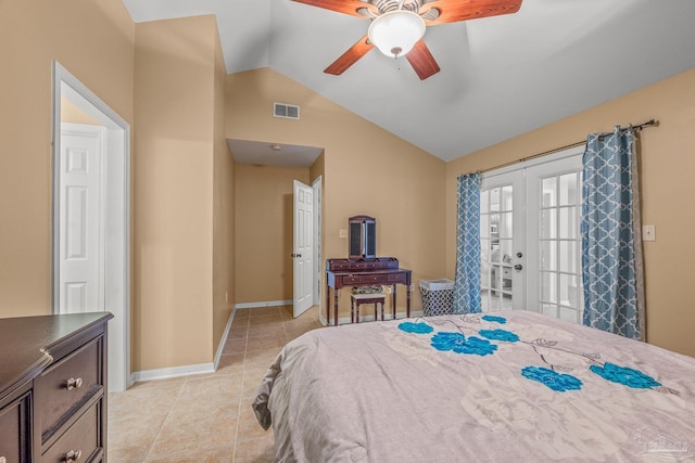 bedroom featuring french doors, lofted ceiling, visible vents, light tile patterned flooring, and baseboards