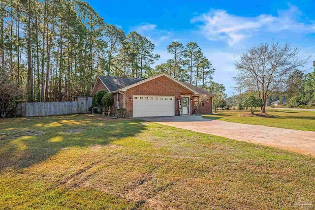 ranch-style home with a garage, brick siding, fence, concrete driveway, and a front lawn