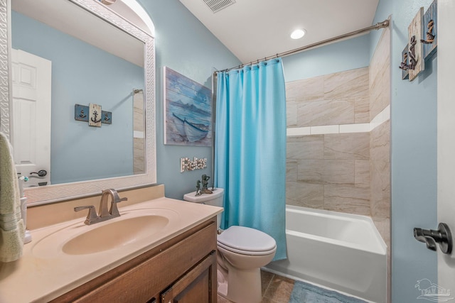 full bathroom with toilet, shower / bath combo, visible vents, and vanity