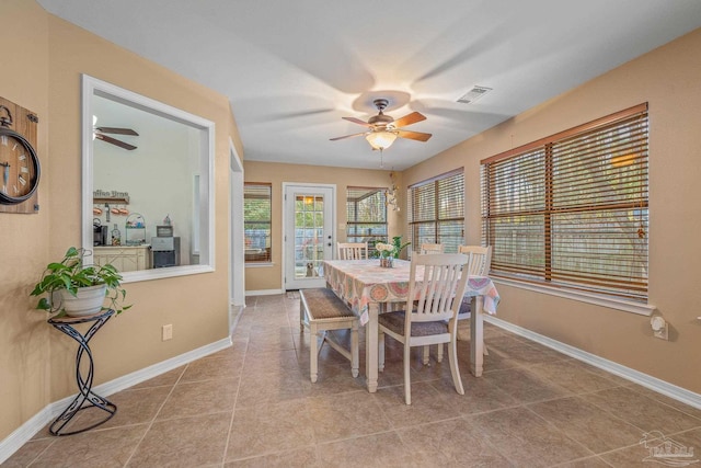 dining room featuring tile patterned flooring, visible vents, ceiling fan, and baseboards