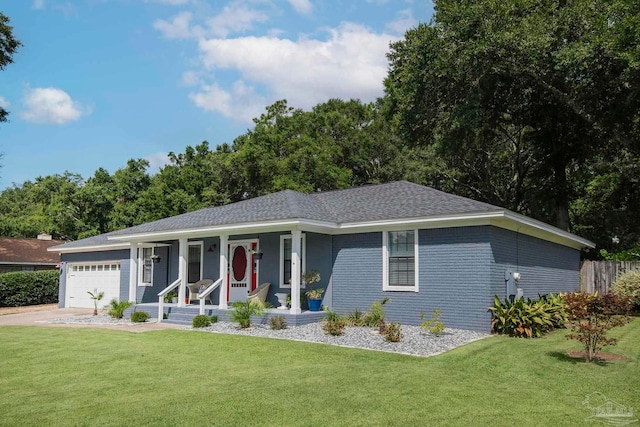 ranch-style house with a front yard and a garage