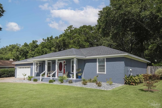 single story home featuring a garage, a porch, and a front lawn