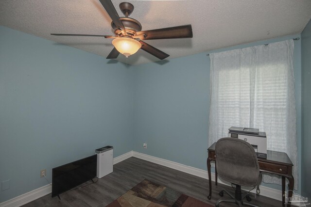 office featuring ceiling fan, a textured ceiling, and dark hardwood / wood-style floors