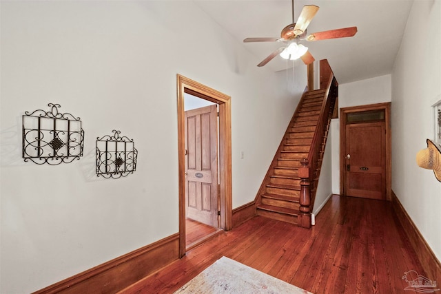 staircase with ceiling fan and hardwood / wood-style flooring