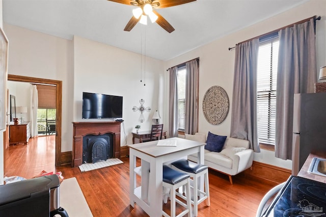 living room featuring wood-type flooring and ceiling fan