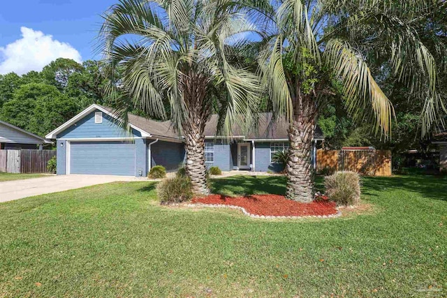view of front of home with fence, a front lawn, a garage, and concrete driveway