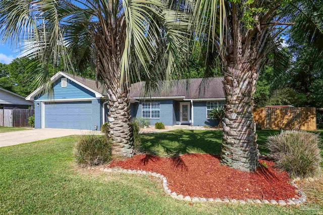 single story home featuring brick siding, concrete driveway, a front yard, and fence