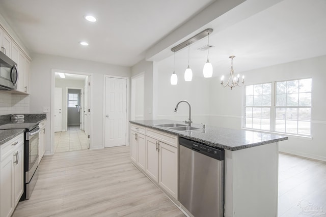 kitchen with sink, hanging light fixtures, white cabinets, and appliances with stainless steel finishes