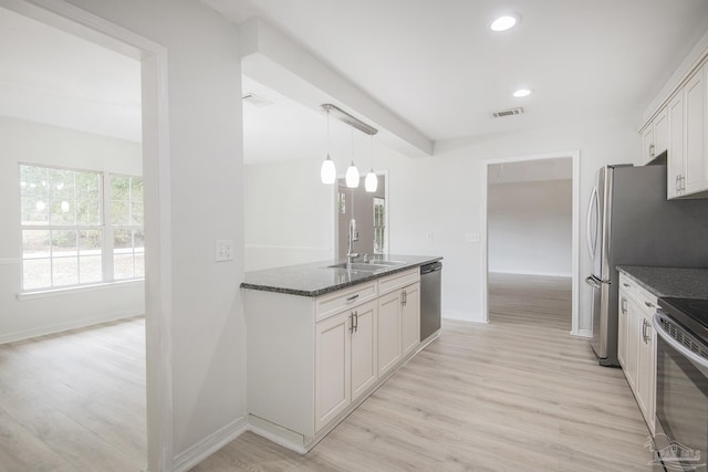 kitchen featuring pendant lighting, sink, dark stone countertops, white cabinets, and stainless steel appliances