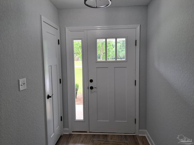 foyer featuring a textured wall, dark wood-style flooring, and baseboards