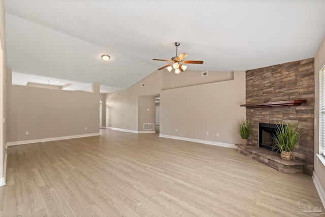1804 Twin Pine Blvd, Gulf Breeze, FL 32563 - unfurnished living room with a ceiling fan, a fireplace, light wood-type flooring, and vaulted ceiling