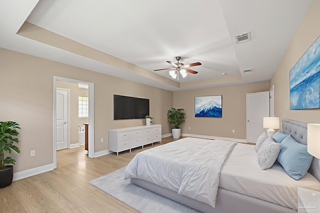 1804 Twin Pine Blvd, Gulf Breeze, FL 32563 - bedroom featuring a tray ceiling, light wood-style flooring, and ceiling fan