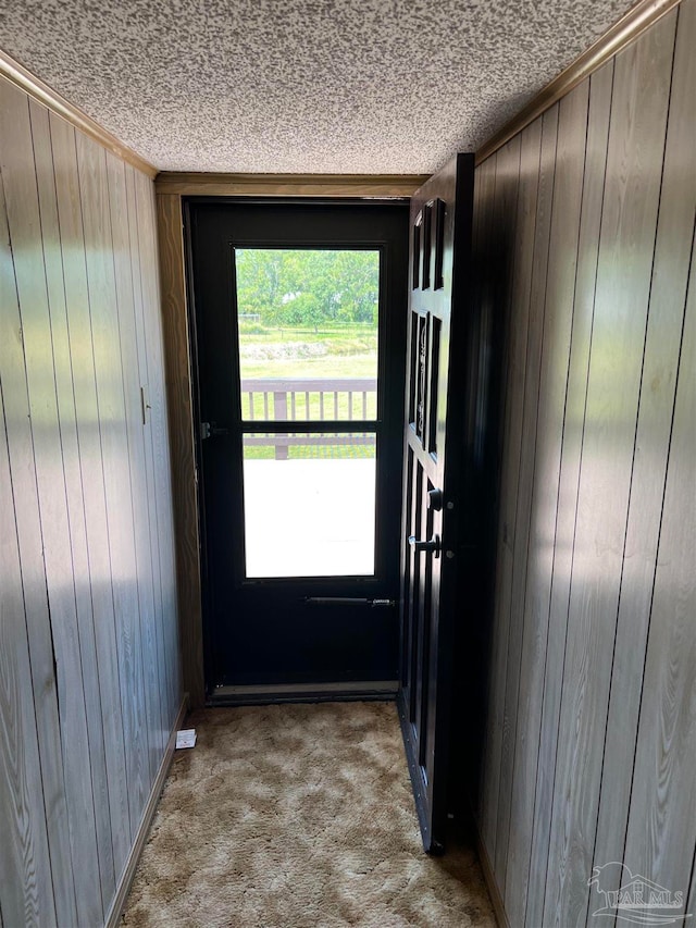 doorway featuring light carpet, a textured ceiling, and wooden walls