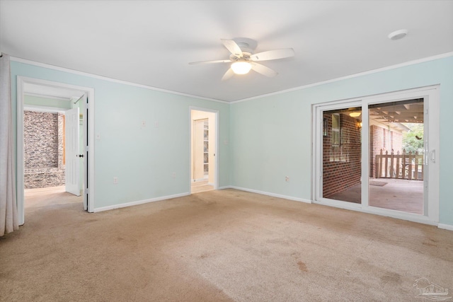 carpeted spare room with ceiling fan and crown molding