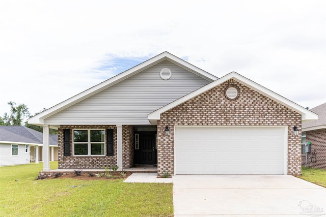 ranch-style home with a garage, driveway, brick siding, and a front yard