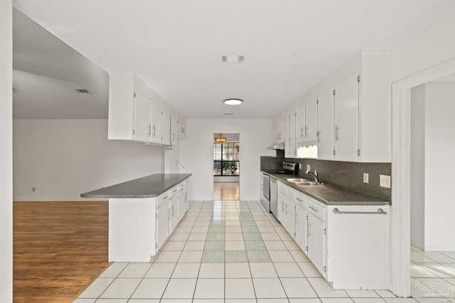 kitchen with tasteful backsplash, sink, white cabinets, kitchen peninsula, and stainless steel electric range