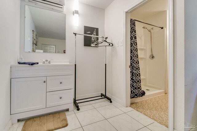 full bathroom featuring a stall shower, a wall mounted air conditioner, vanity, and tile patterned floors