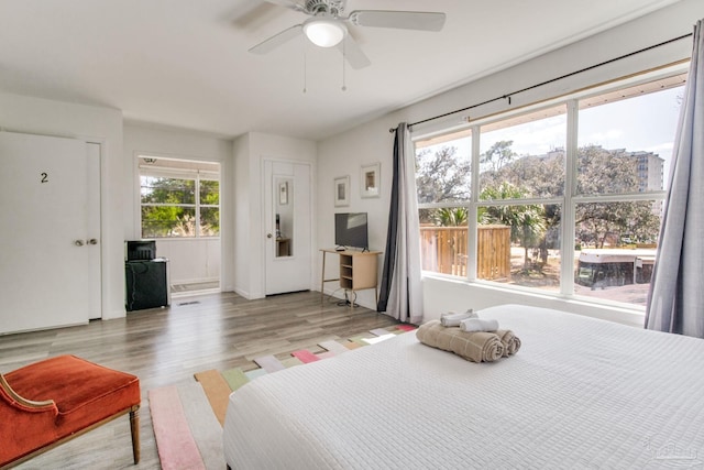 bedroom with ceiling fan and wood finished floors