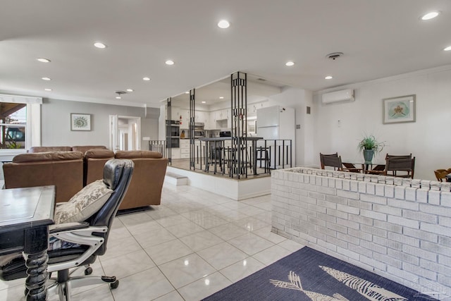 interior space with light tile patterned floors, visible vents, crown molding, an AC wall unit, and recessed lighting