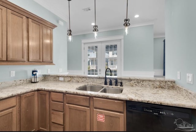 kitchen featuring pendant lighting, black dishwasher, ornamental molding, and sink