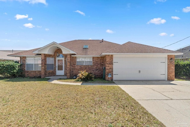 single story home featuring a garage, brick siding, and a front lawn