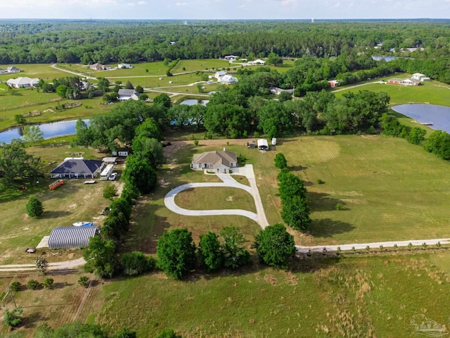 aerial view with a water view and a view of trees