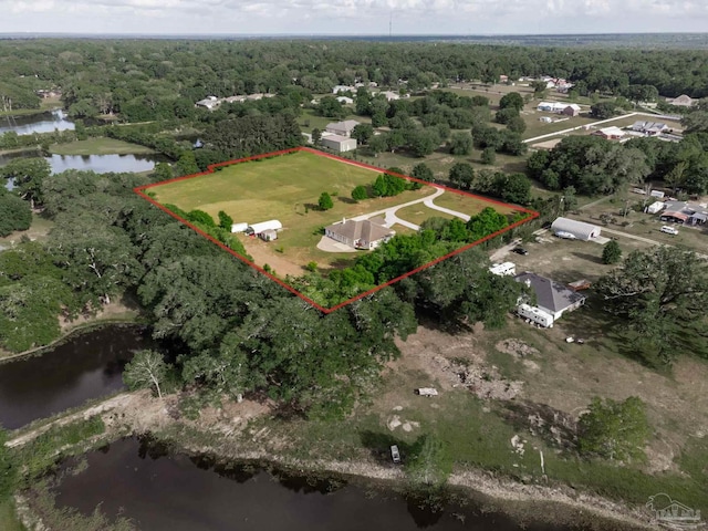 birds eye view of property with a water view and a forest view