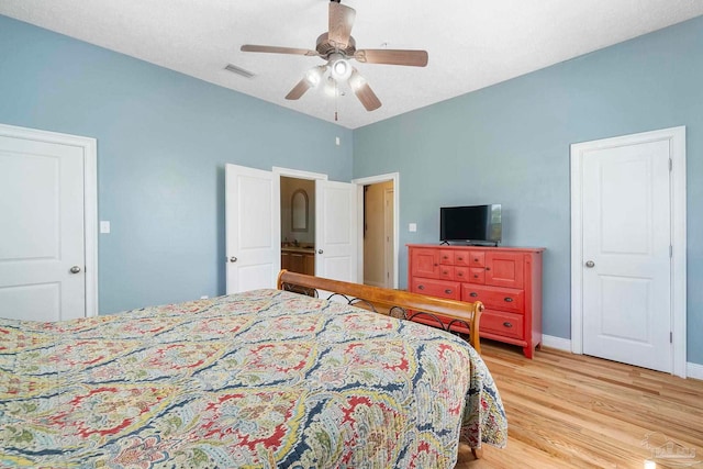 bedroom featuring ceiling fan and light wood-type flooring