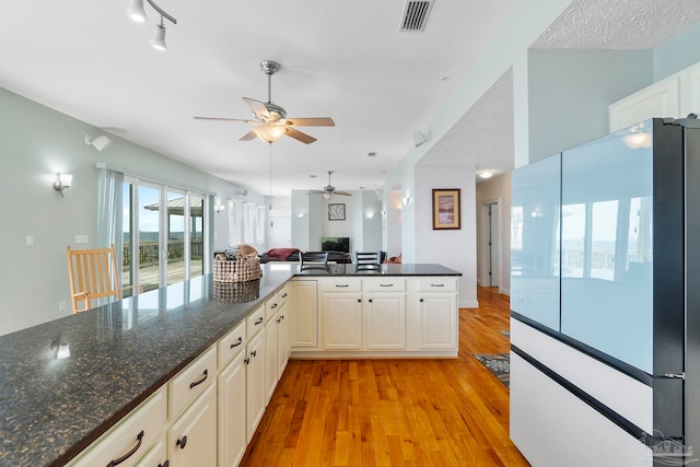 kitchen featuring dark stone counters, white fridge, ceiling fan, light hardwood / wood-style flooring, and track lighting