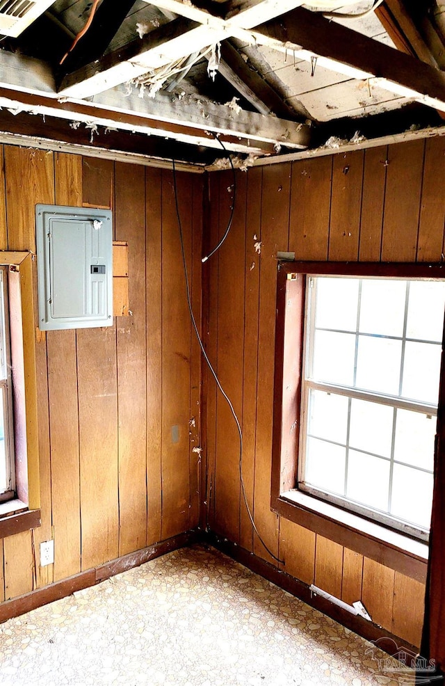 interior space featuring electric panel and wooden walls