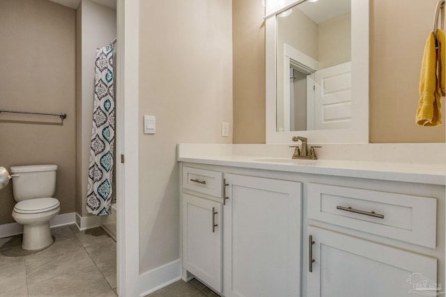 full bathroom featuring shower / bath combo, tile patterned flooring, vanity, and toilet