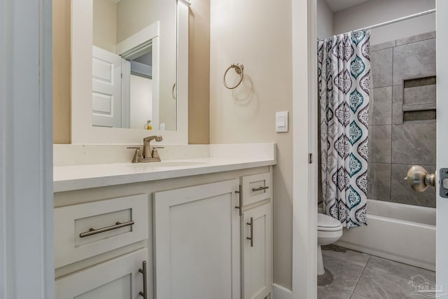 full bathroom with toilet, shower / bath combo, and vanity