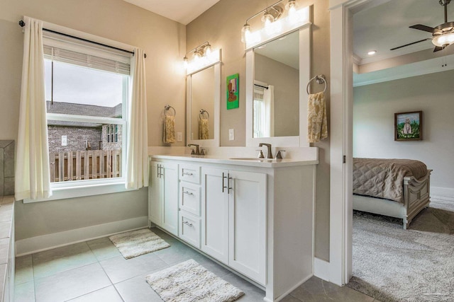 bathroom with vanity, ceiling fan, and tile patterned floors