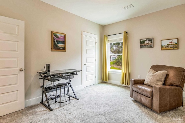 sitting room featuring light carpet