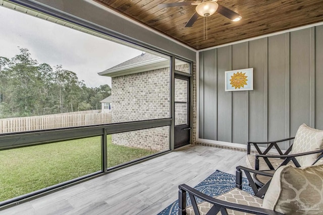 sunroom / solarium featuring ceiling fan and wood ceiling