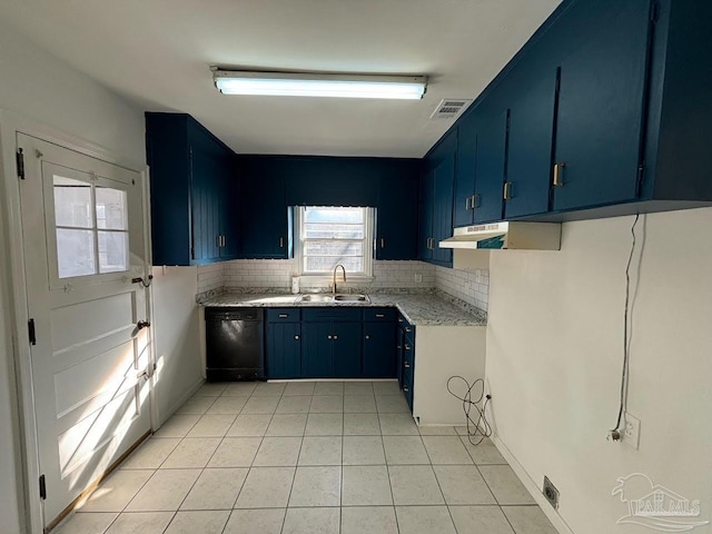 kitchen featuring sink, light tile patterned floors, dishwasher, blue cabinets, and decorative backsplash