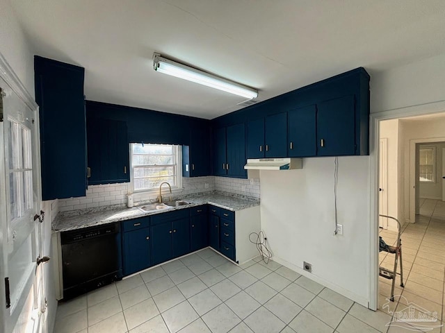 kitchen featuring blue cabinets, black dishwasher, sink, and decorative backsplash