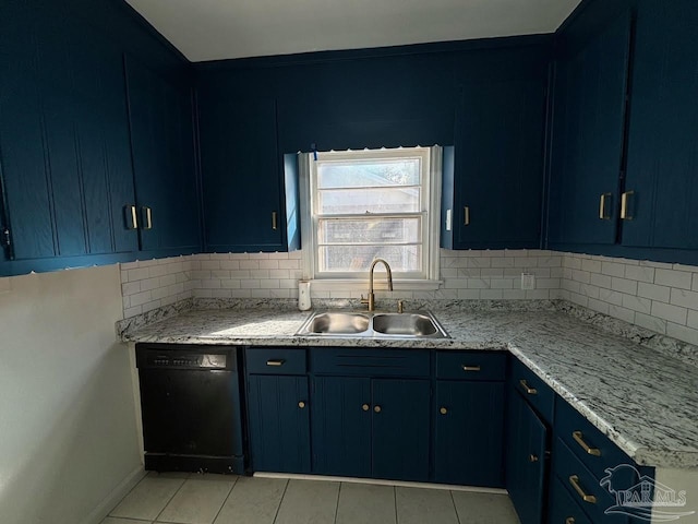 kitchen with blue cabinetry, black dishwasher, sink, and backsplash