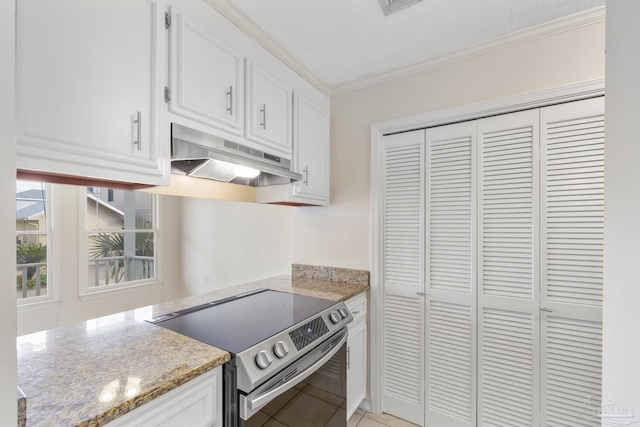 kitchen with light stone counters, under cabinet range hood, white cabinetry, stainless steel electric range oven, and crown molding