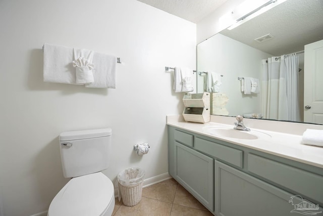 full bathroom with a textured ceiling, visible vents, tile patterned flooring, and toilet